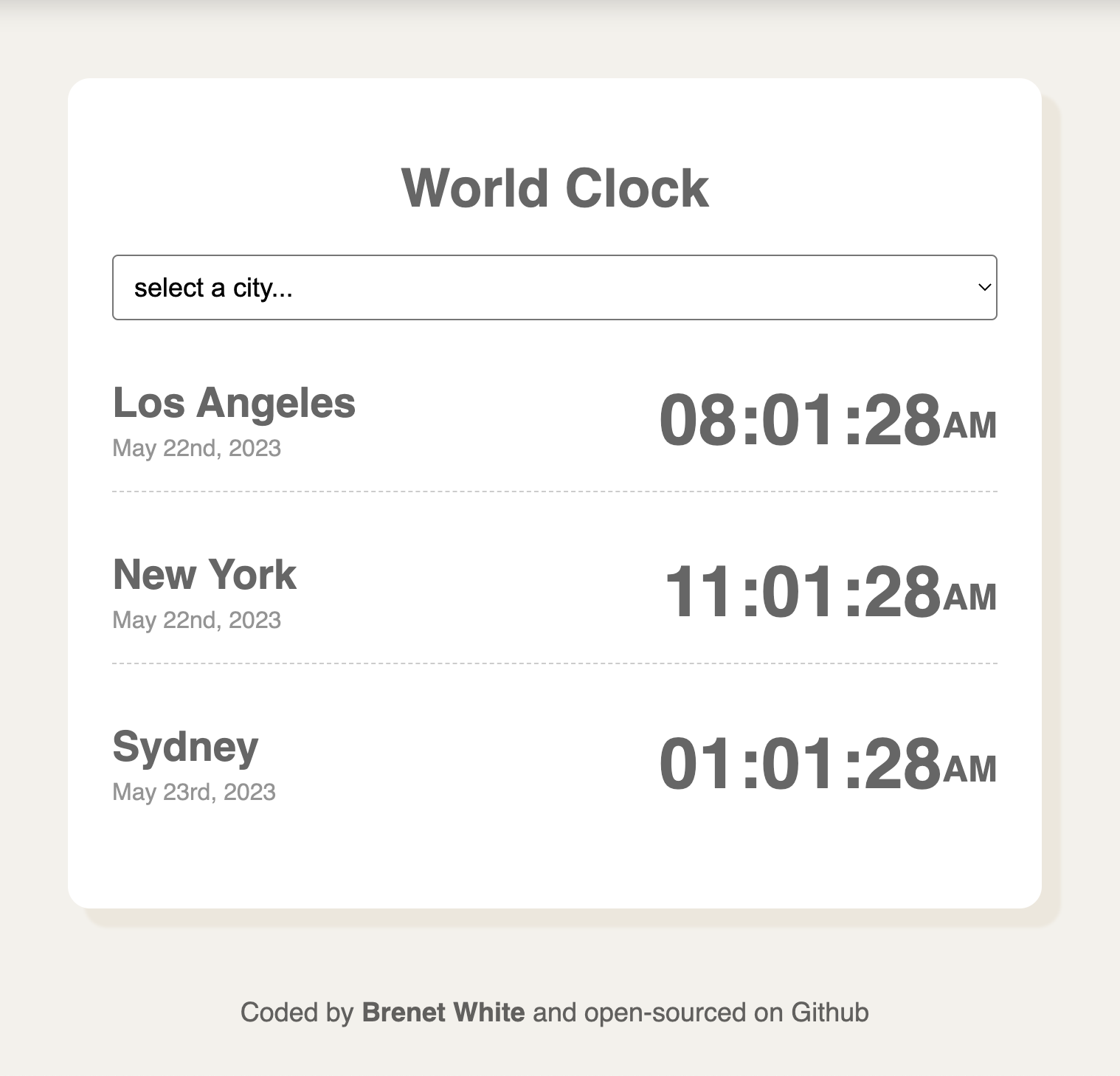 Functional world clock coded by Brenét White.